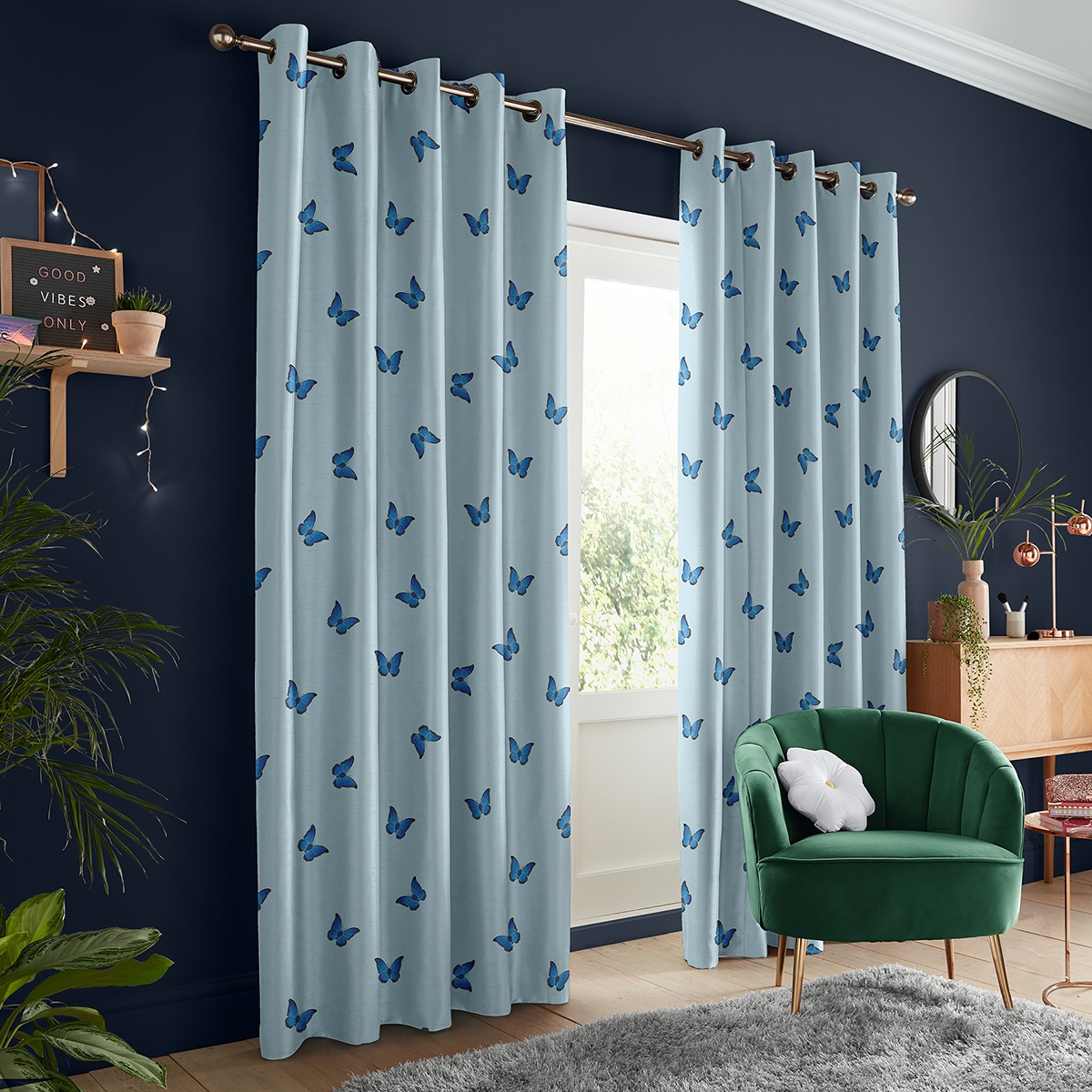 Product photograph of Skinny Dip Butterfly Blue Curtain from Choice Furniture Superstore.